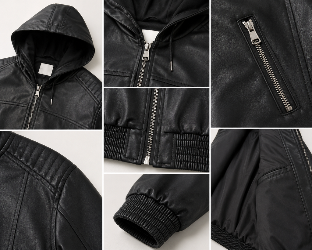 Black Oversized Faux Leather Hoodies Jacket