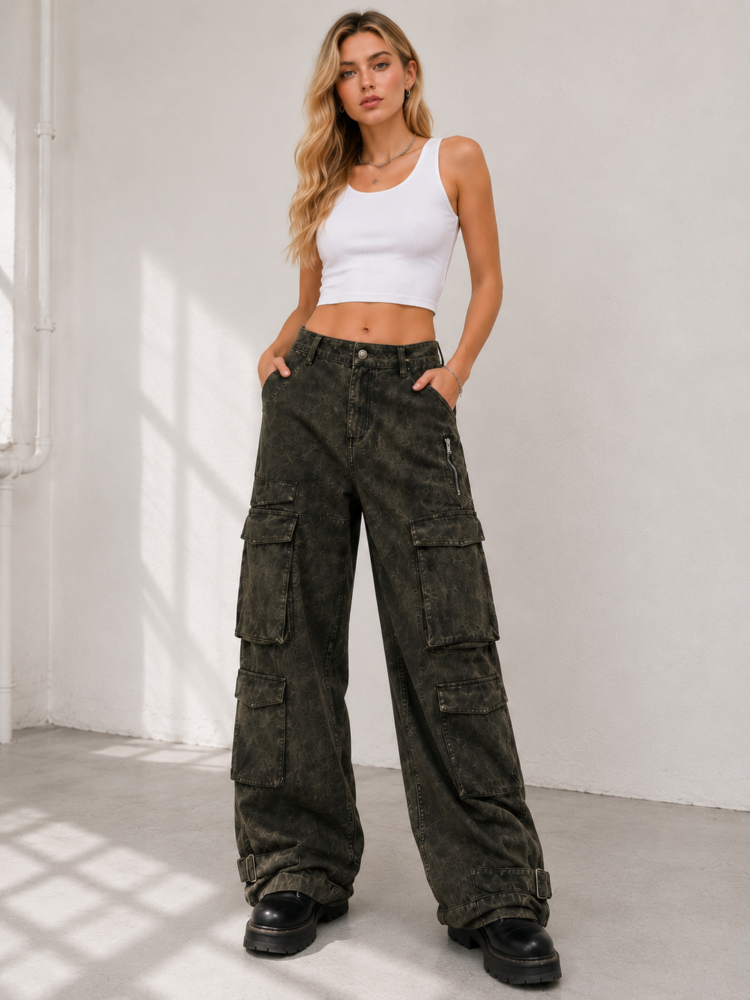 Women's Vintage Wash PU Cargo Pants (NTP101)