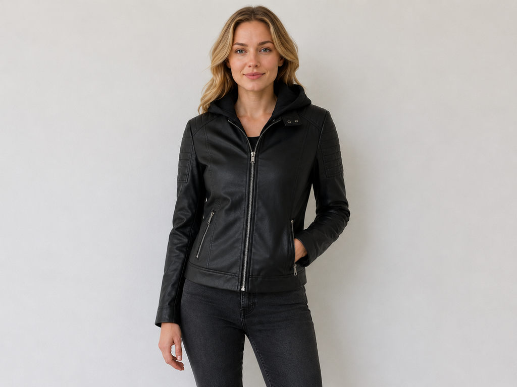 Black Hooded Faux Leather Jacket