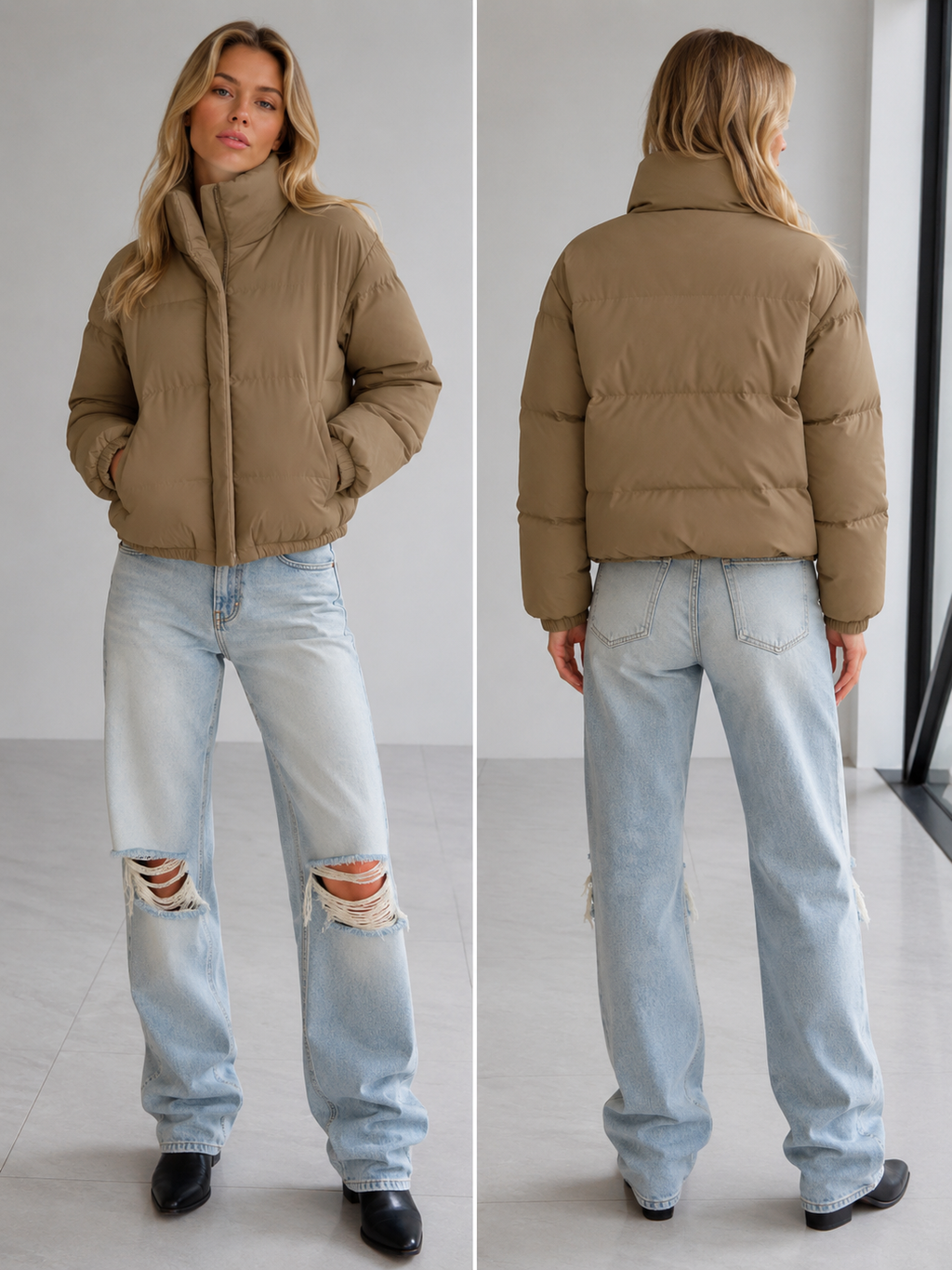 Cropped Puffer Jacket -Taupe（NTC012）