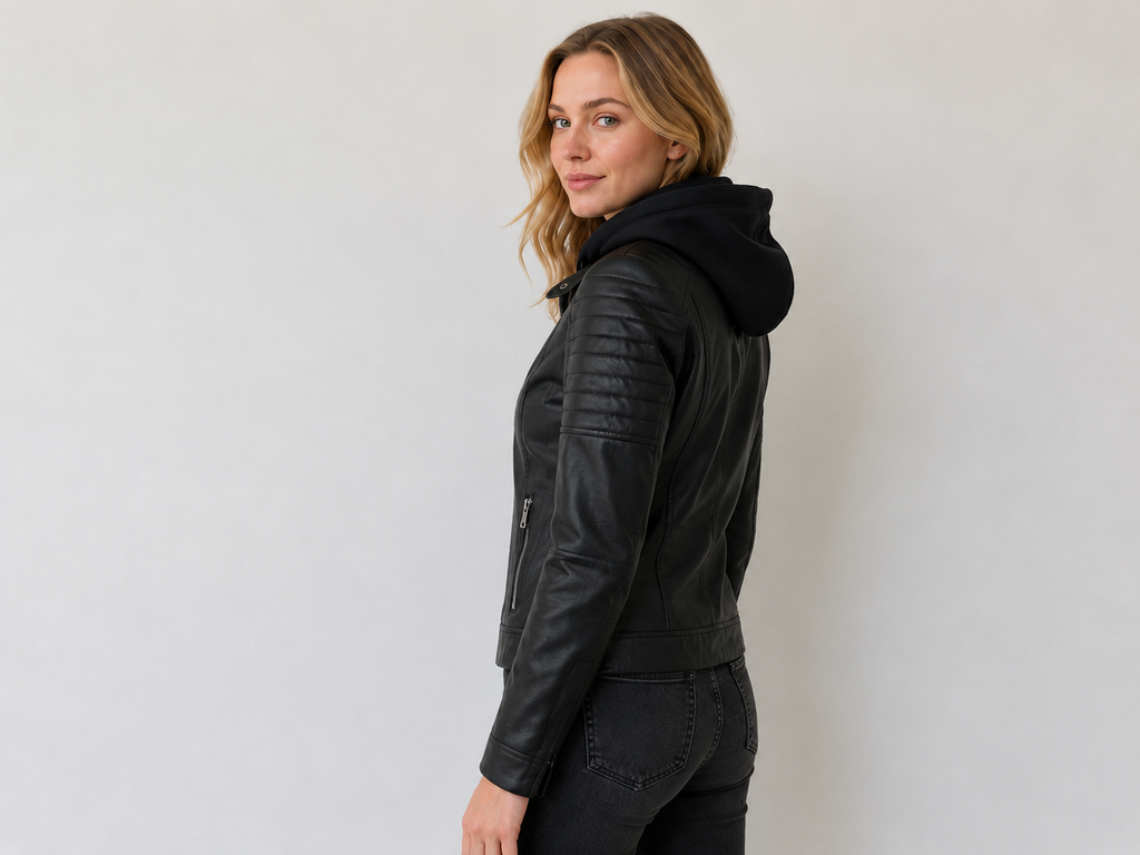 Black Hooded Faux Leather Jacket