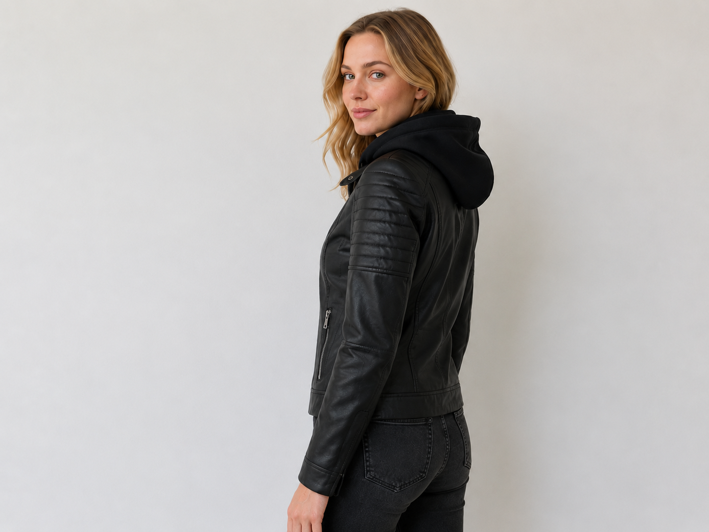 Black Hooded Faux Leather Jacket