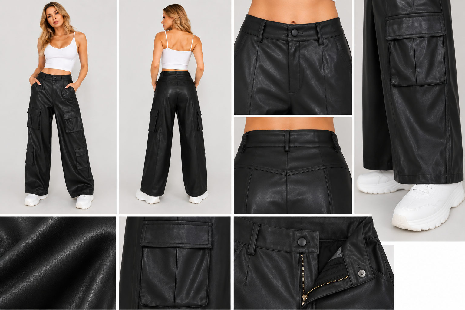 High waisted faux PU leather cargo pants (NTP102)