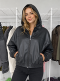 Black Oversized Faux Leather Hoodies Jacket