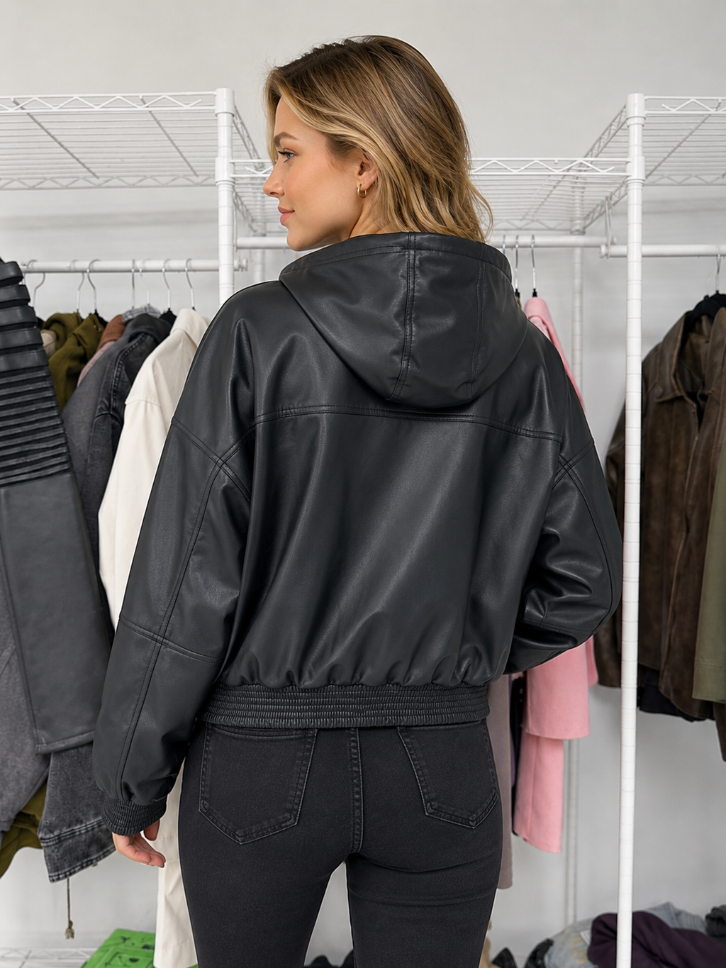 Black Oversized Faux Leather Hoodies Jacket