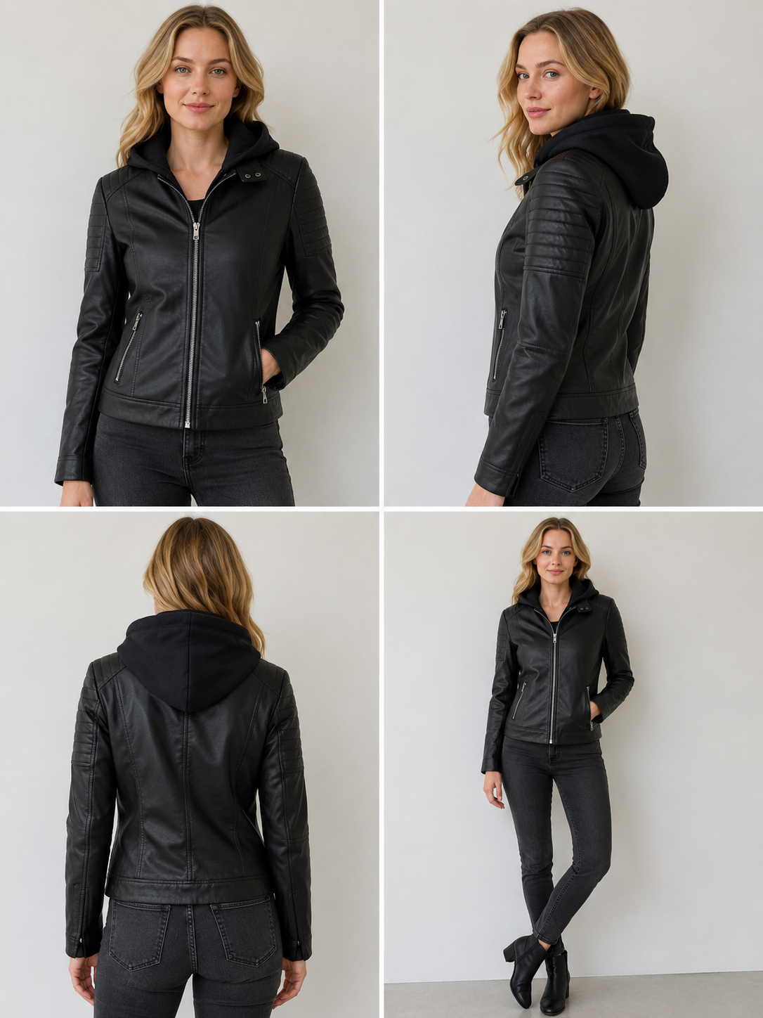 Black Hooded Faux Leather Jacket