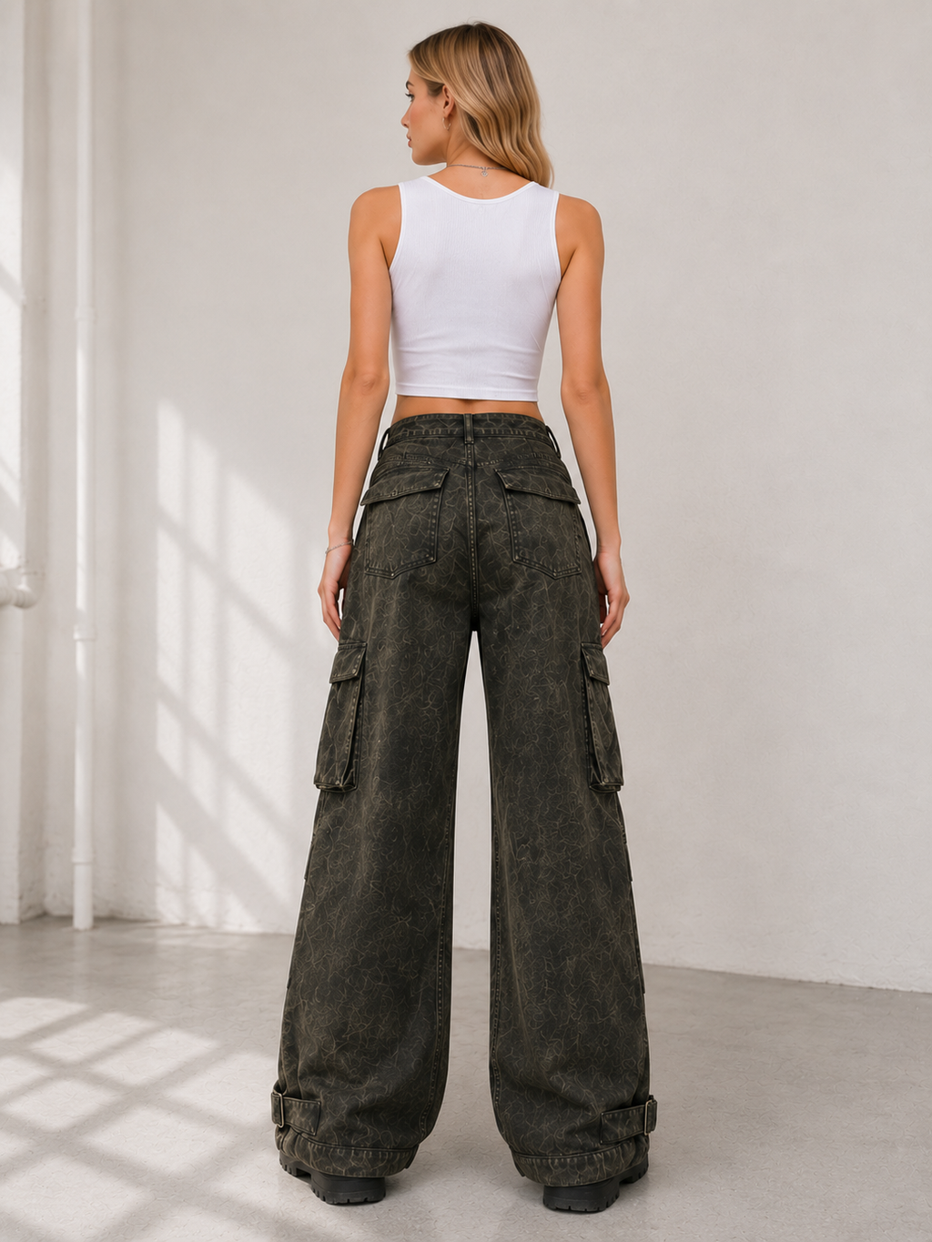 Women's Vintage Wash PU Cargo Pants (NTP101)