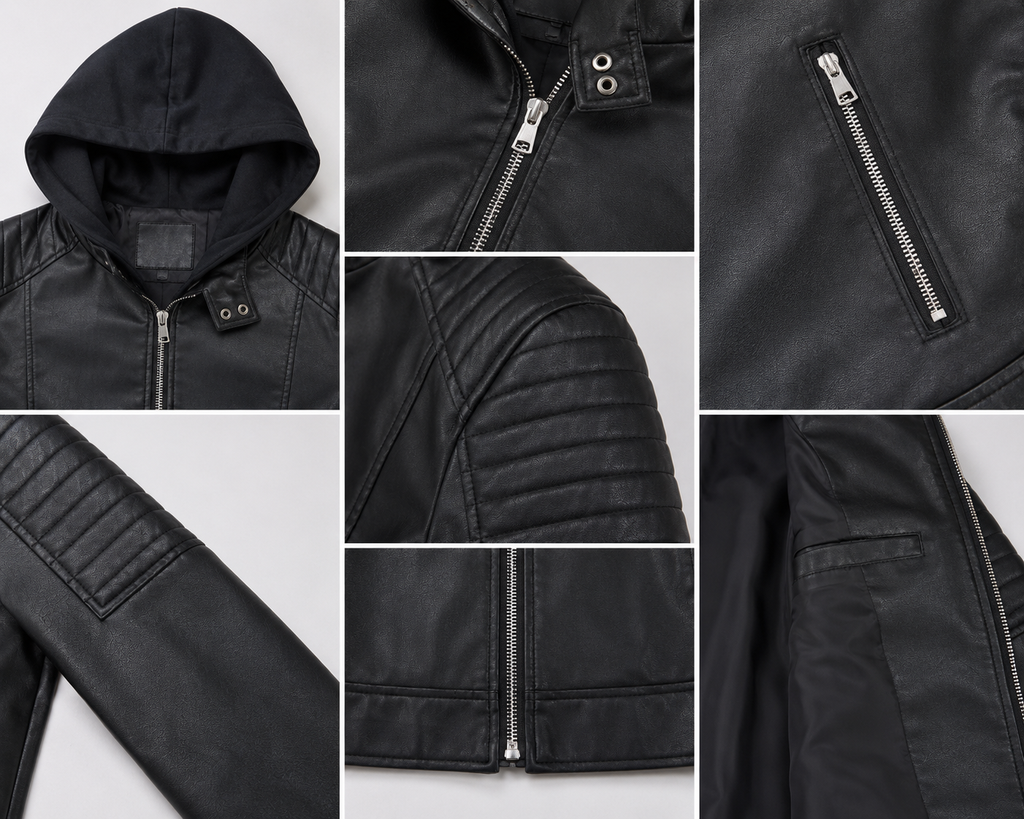 Black Hooded Faux Leather Jacket