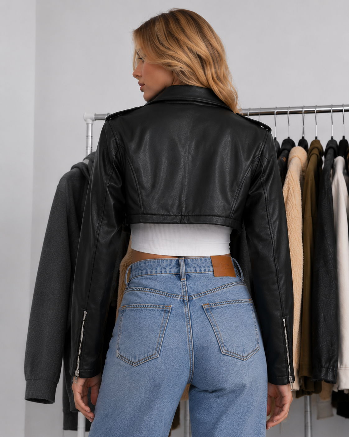 Women Vintage Cropped Moto Faux Leather Jacket(pre-order)